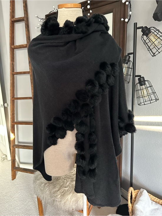 Accessories - Black Knit Wrap with rabbit fur Pom Pom accents